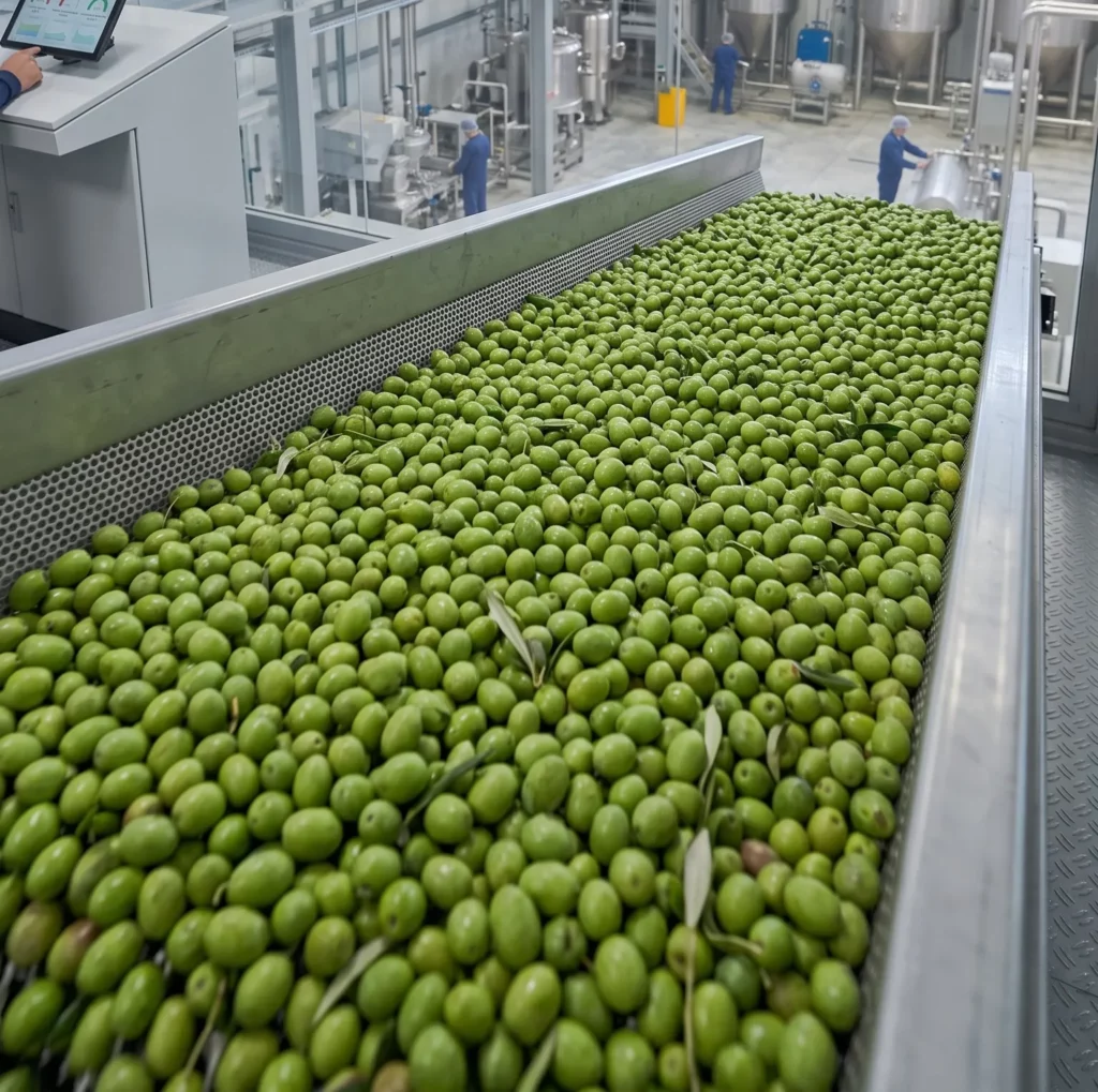 Aceitunas siendo procesadas en una planta automatizada